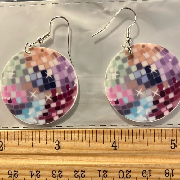 Colorful Disco Ball Dangle Earrings – Lightweight Statement Jewelry - Picture 2 of 2